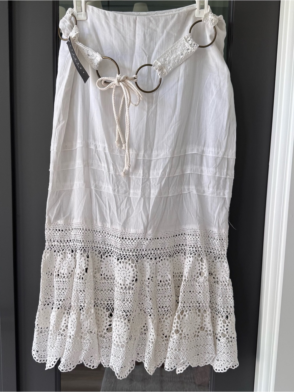 Laundry by Shelli Segal White Crochet Hem Tiered Skirt Coastal Boho 100% Cotton